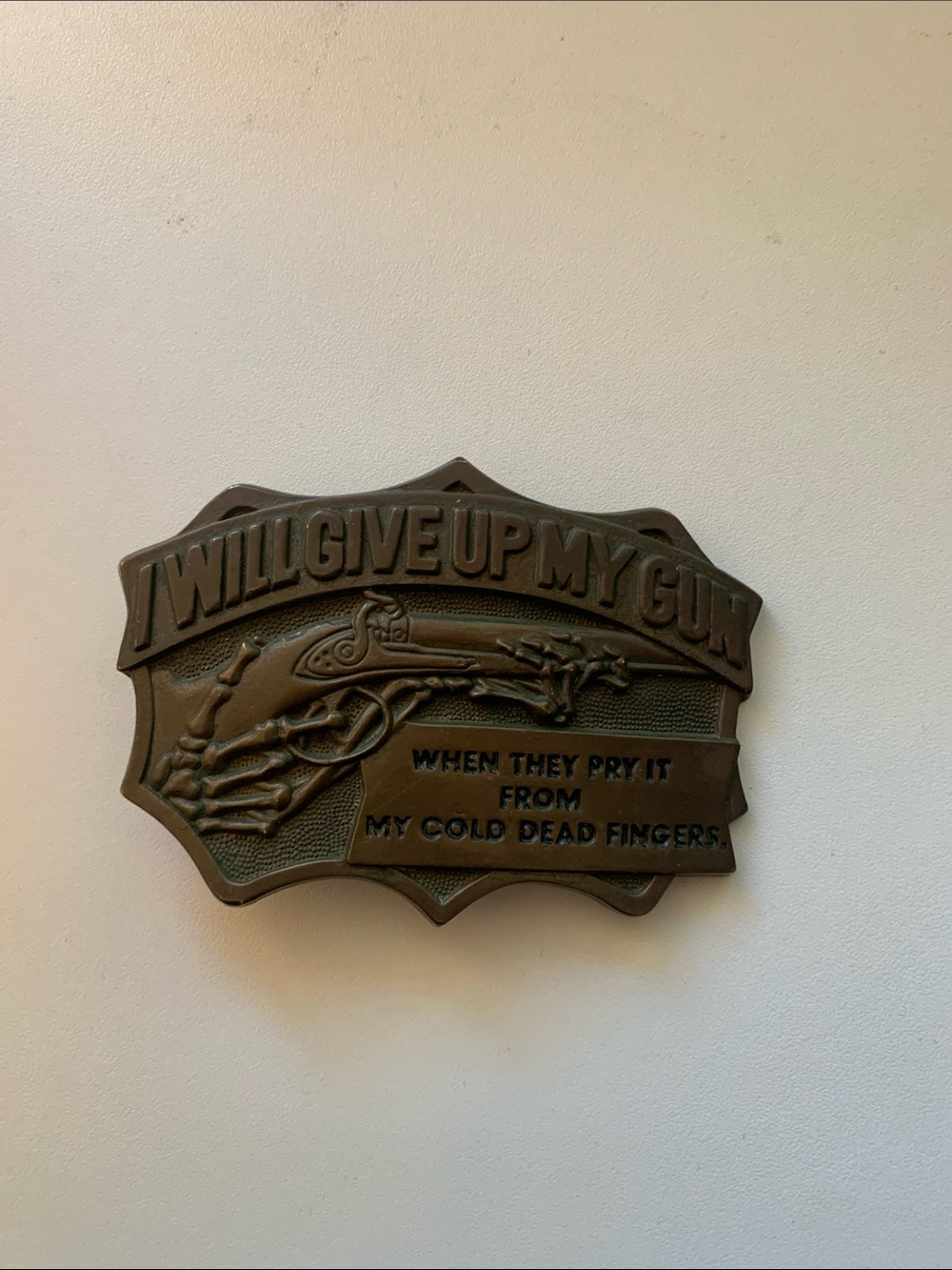 Vintage 1982 Baron Solid Brass Belt Buckle “I Will Give Up My Gun” 2A USA